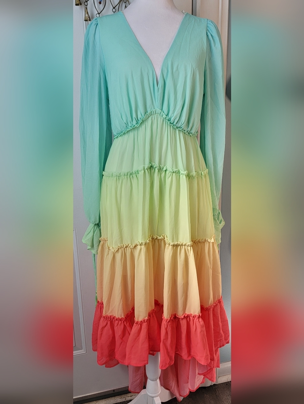 Champagne & Strawberry Tiered High Low Maxi Dress Womens S Pastel Ombre Long Sle